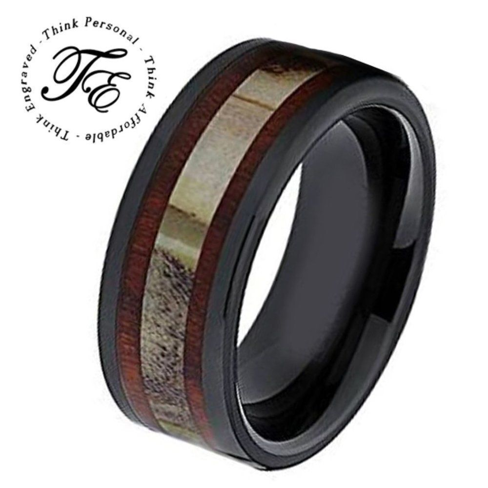 Men's Real Black Tungsten Wedding Ring Deer Bone and Whiskey Barrel Wood Inlay